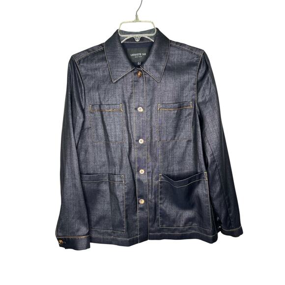 Lafayette 148 Esmeralda Dark Blue Denim Jacket Wool Lyocell Patch Pockets Small - Picture 2 of 9